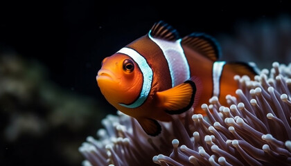 Naklejka na ściany i meble Clown fish swimming in vibrant reef, showcasing nature underwater beauty generated by AI
