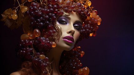 Kopf einer Frau mit Frisur aus roten Weintrauben und Gold. Portrait im Halbprofil vor dunklem Hintergrund. Konzept: Weinkönigin. Surreale Illustration