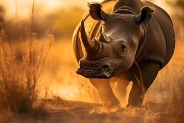 AI generated illustration of A large rhinoceros trotting through a sun-drenched field of dry grass - obrazy, fototapety, plakaty