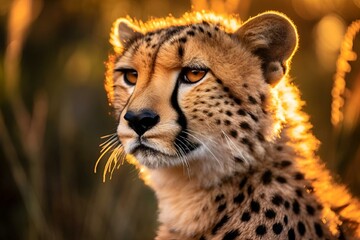 AI generated illustration of a cheetah resting in a grassy bush during a beautiful sunset