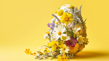 Big Easter egg decorated with fresh spring wildflowers on yellow background. Holiday banner card template with copy space
