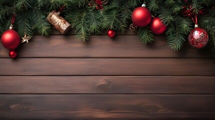 Fototapeta na wymiar Christmas wooden background with fir tree and decorations. Top view with copy space