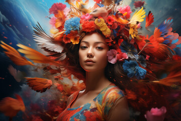 floral woman digital portrait, Ethereal female Art, An eye catching surreal young woman surround by vibrant colorful flowers and abstract designs, Creative fantasy girls and flowers wallpaper concept