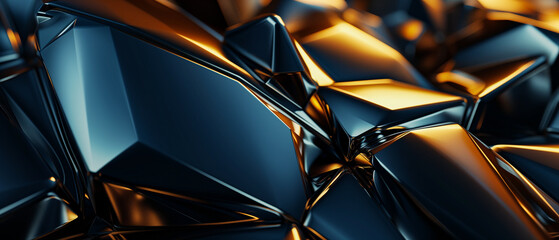 Minimalistic dynamic texture, abstract dark geometric shapes, gold highlights and backlit neon. 3D rendering style. Graphic resource background and wallpaper.	 - obrazy, fototapety, plakaty