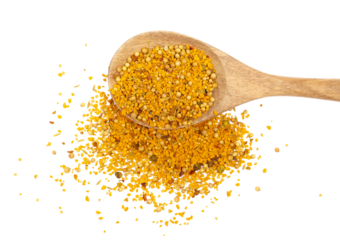 Mix grain curry pile in wooden spoon, turmeric, fenugreek, mustard, coriander, paprika, pepper and cumin, isolated on white