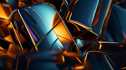 Minimalistic dynamic texture, abstract dark geometric shapes, gold highlights and backlit neon. 3D rendering style. Graphic resource background and wallpaper.	