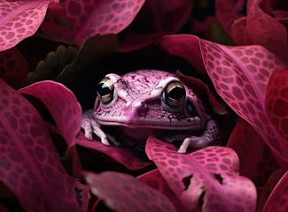 Tuinposter a purple frog peeking out of a leaf  © grigoryepremyan