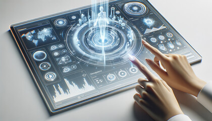 Futuristic digital dashboard with holographic elements and human interaction.