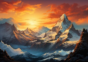 A panoramic view of a mountain range at sunrise, where the peaks are bathed in blue and orange light