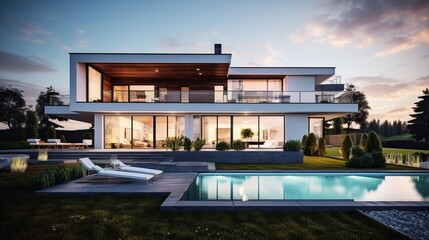 Fototapeta premium luxury villa illuminated in the evening