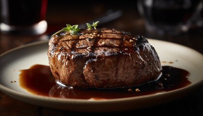 Fototapeta na wymiar Grilled beef fillet, cooked to perfection, served on elegant plate generated by AI