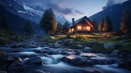 Foto op Canvas Old romantic illuminated wooden cabin in the mountains by a wild stream torrent at dusk © Wolfilser