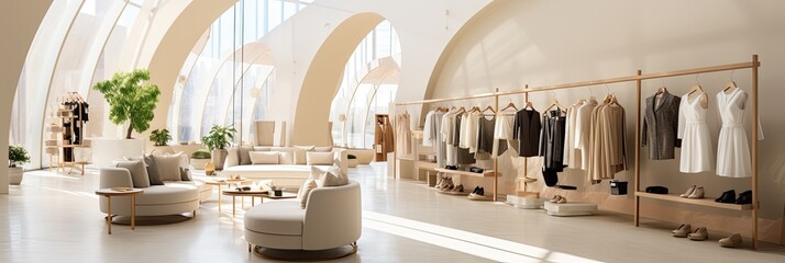 Panoramic view of a minimalist fashion store interior, modern and chic - obrazy, fototapety, plakaty