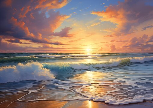 A serene beach sunset with shades of blue and orange, where the sky meets the ocean.