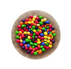 colorful sweet candy or chewing gum dragee on dish plate, isolated