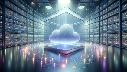 Serene data warehouse with flowing luminous streams on calming gradient background.