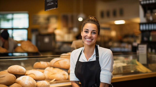 A cheerful female baker wearing an apron stands proudly in her retail store with a fresh assortment of breads showcased behind her