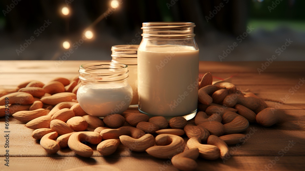 Wall mural Glass of tasty cashew milk and nuts on wooden table, closeup - Wall murals