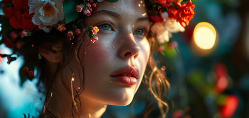 Portrait jeune femme, fleur dans les cheveux - obrazy, fototapety, plakaty