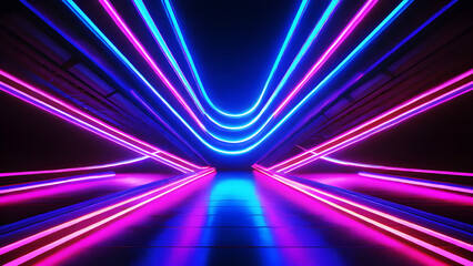 Captivating 3D Render background: Neon Slant Lights in Blue, Pink, and Purple - 80's Retro Style Fashion Show Stage with Ultraviolet Glow	