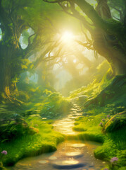 Sunlit forest path leading through an enchanted woodland