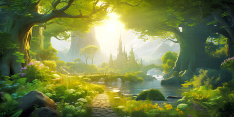 Enchanted forest landscape with magical castle at sunrise