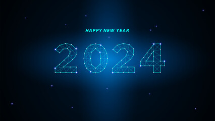 Happy new year 2024 greeting card, numbers from a polygonal wireframe mesh. Abstract background. Vector illustration. Blue colors.