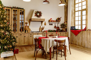 Christmas interior of Ukrainian cuisine. Ukrainian traditions and New Year's decor