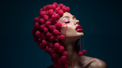 Sinnliches Portrait einer Frau im Halbprofil mit roten Lippen und Frisur aus Himbeeren vor dunklem Hintergrund. Surreale Illustration - obrazy, fototapety, plakaty