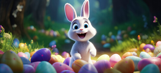 Happy Easter colorful banner with cute cartoon bunny rabbit and a lots of eggs
