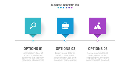 Timeline infographic with infochart. Modern presentation template with 3 spets for business process. Website template on white background for concept modern design. Horizontal layout.