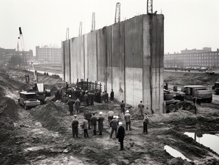 1961 construction of Berlin Wall, dividing East and West Berlin amidst Cold War tensions, photographic documentation.
