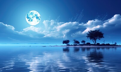 Full moon rising above lake