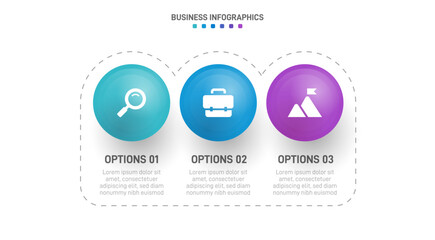 Timeline infographic with infochart. Modern presentation template with 3 spets for business process. Website template on white background for concept modern design. Horizontal layout.