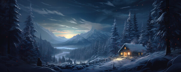 Landscape of winter forest at magical night, wide banner with lone house, trees and snow on Christmas. Scenery of light and hut in dark snowy woods. Theme of New Year holiday, nature