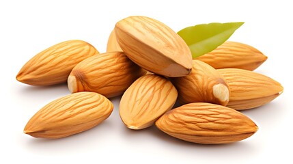almond nuts with green leaf isolated on white background close up.