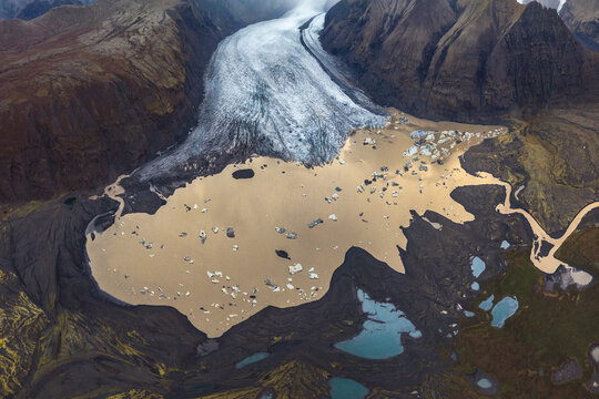 Aerial drone view of sunset glacier scene in Vatnajokull National Park