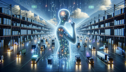 Abstract AI in Logistics: Translucent humanoid orchestrating glowing circuitry and holographic displays in warehouse