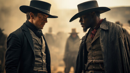 Standoff of two cowboys like in western movie, showdown between white and black man wearing hats and vintage clothes. Concept of bandit, wild west, outlaw, vs, duel, conflict, people