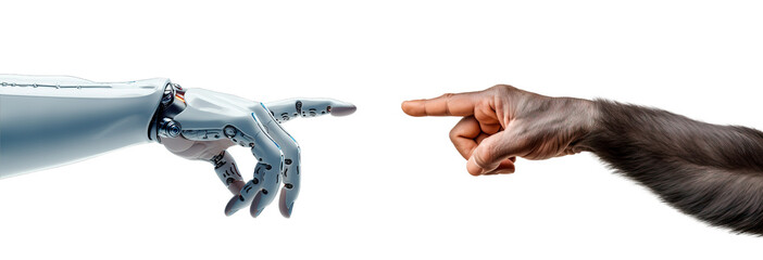 Robot hand trying to reach ape hand over isolated transparent background. Artificial Intelligence meets prehistoric concept