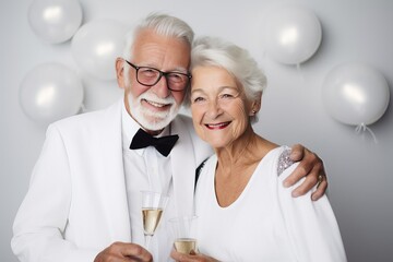 Happy senior couple celebrating an event together with white balloons - 699254386