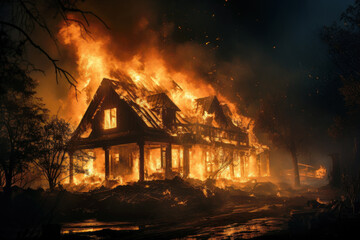 House completely destroyed by fire at night, single family home burning due to wildfire. Wooden building in flames and smoke. Concept of damage, disaster, insurance, arson, wood - obrazy, fototapety, plakaty