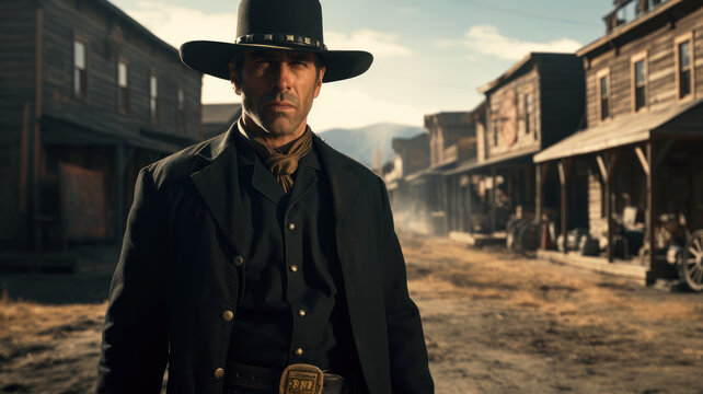 Portrait of sheriff in town like in western movie, man wearing hat and black vintage outfit stands near old wooden houses. Concept of cowboy, wild west, outlaw, people, character