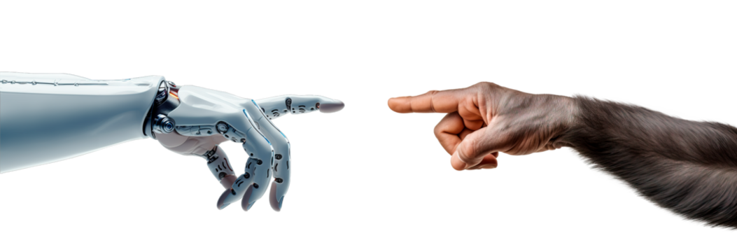 Robot hand trying to reach ape hand over isolated transparent background. Artificial Intelligence meets prehistoric concept