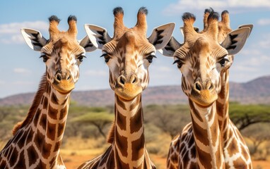 
three giraffes looking at the camera