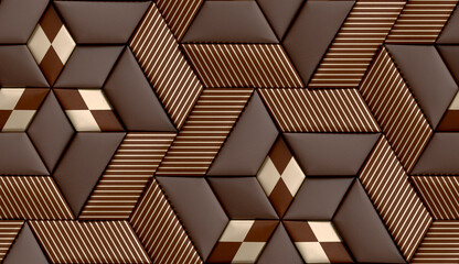 3D soft geometry high quality realistic texture tiles made from brown and golden leather with golden decor stripes and rhom