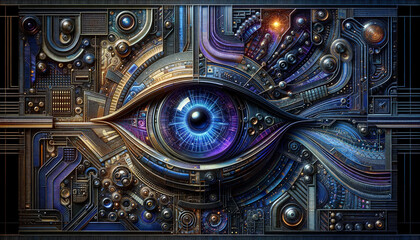 Vibrant robotic eye surrounded by intricate digital patterns and textures.