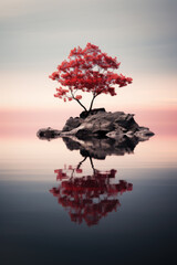 Minimalist landscape of lake and lone red tree on rock, vertical view of water and small island,...