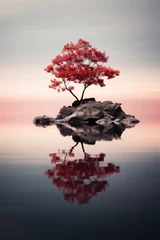  Minimalist landscape of lake and lone red tree on rock, vertical view of water and small island, peaceful nature in autumn. Concept of art, beauty, minimalism, tranquil, calm © Natalya