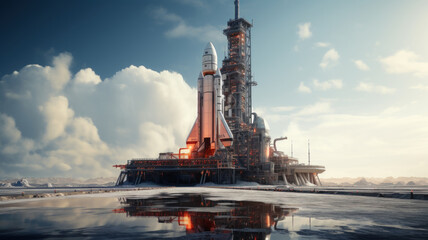 Space rocket is on launch pad before start, spaceship on blue sky background. Concept of travel, technology, science, sls - obrazy, fototapety, plakaty